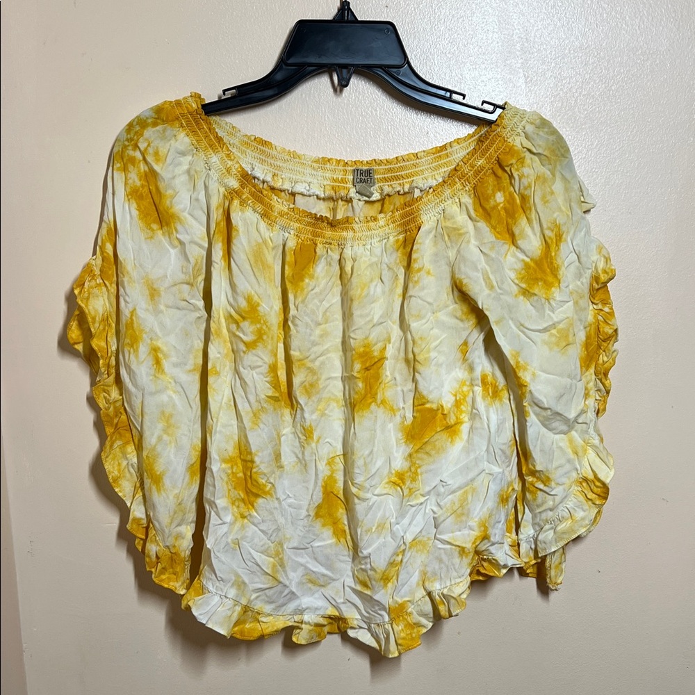 True Craft Yellow and White Tie-Dye Off-Shoulder Top